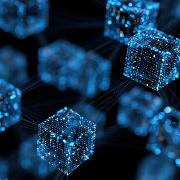 Abstract digital cubes floating in dark space connected by lines representing blockchain technology and data transfer networks