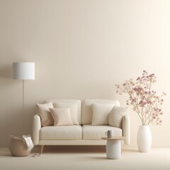 Interior design showcasing a cream sofa with pillows, a floor lamp, a vase with flowers, and a basket in a minimalist style room