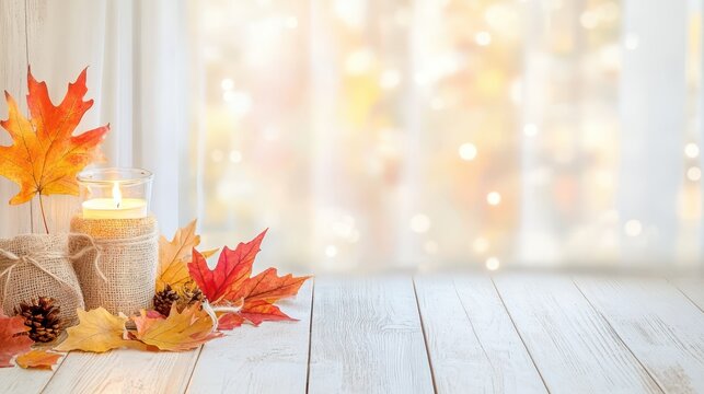 Autumn's Warm Embrace: A beautifully arranged display of autumn leaves, lit candles, and rustic elements create a warm and inviting atmosphere, perfectly capturing the essence of fall. 