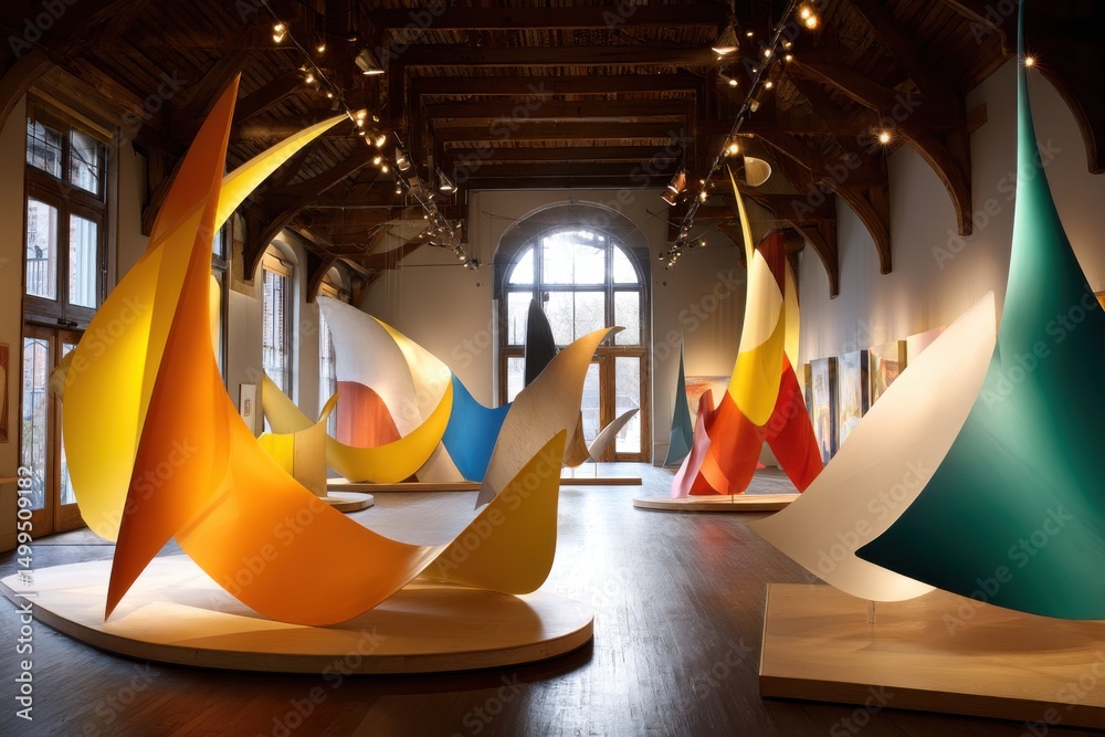 Poster interior view of art gallery showcasing colorful abstract sculptures in a spacious hall with wooden 