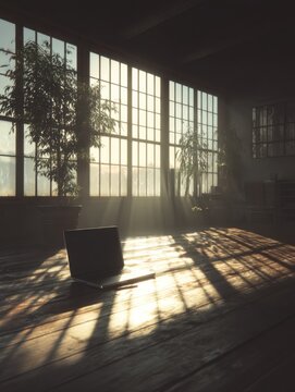 Laptop on wooden floor in sunlit room with plants, low angle, warm tones, home office, remote work, modern interior, window light