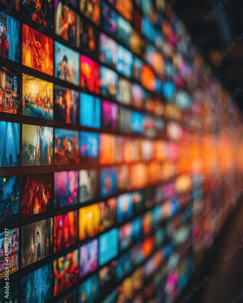 Aufkleber video wall displaying diverse content at an angle showing multiple screens with vibrant colors and d