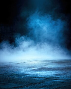Atmospheric Blue Fog on Wet Asphalt Ground Level Shot for Backgrounds and Composites in Studio