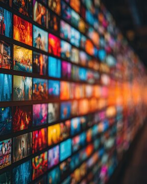 Video wall displaying diverse content at an angle showing multiple screens with vibrant colors and dynamic imagery for digital media