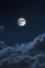 Full moon shining brightly in the night sky with clouds and stars above in a serene view
