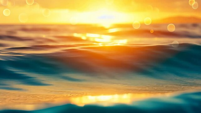 Sunset Serenity: An eye-level shot captures the mesmerizing play of light on ocean waves at sunset, reflecting the golden hues of the sun.