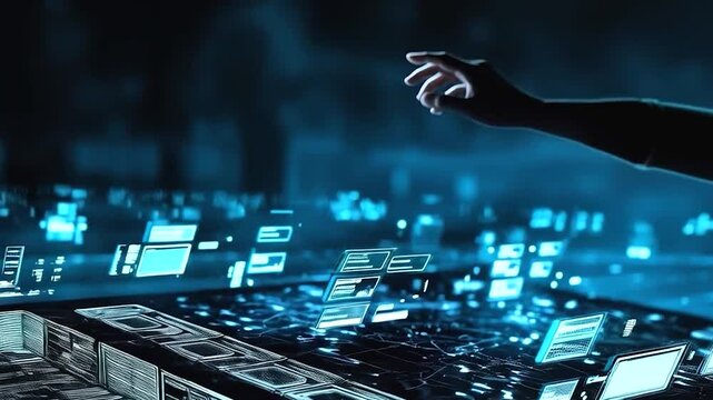 AI hologram screen animation with hand and tech screen