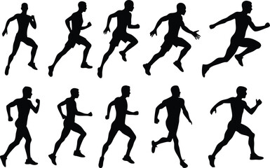 Men running silhouette set on white background, collection of human running various position vector
