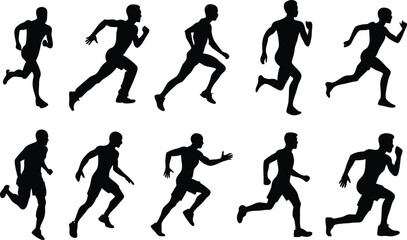 Men running silhouette set on white background, collection of human running various position vector
