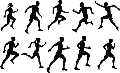 Men running silhouette set on white background, collection of human running various position vector
