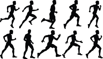 Men running silhouette set on white background, collection of human running various position vector
