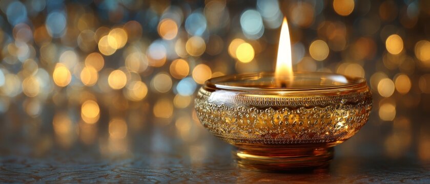 Lit diya lamp glowing on surface with bokeh background for Diwali festival celebration close up shot - Powered by Adobe