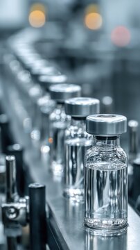 Pharmaceutical Production Line Close Up of Vaccine Vials on Conveyor Belt in Modern Factory Industrial Setting