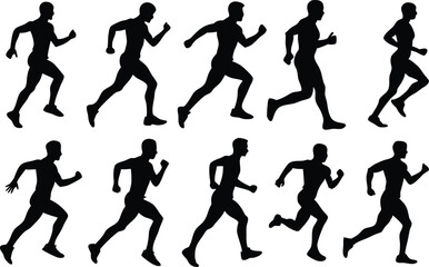 Men running silhouette set on white background, collection of human running various position vector
