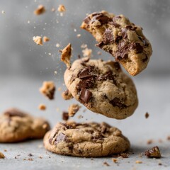 Chocolate chip cookies in mid air with crumbs falling studio shot delicious dessert treat baking concept