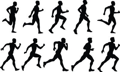 Men running silhouette set on white background, collection of human running various position vector

