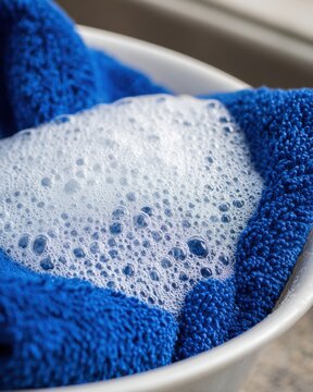 Close-up of Blue Microfiber Cloth Soaking in Soapy Water in White Bowl for Cleaning in Bright Light