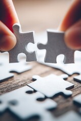 Close-up of hands assembling jigsaw puzzle pieces on a wooden surface, representing teamwork, problem-solving, and strategic thinking