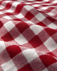 Close-up of a Red and White Gingham Tablecloth with Folds and Texture, Macro Shot of Fabric Pattern, Studio Lighting
