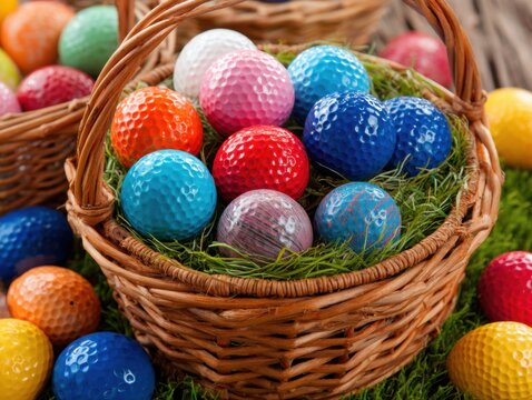 Colorful golf balls in wicker basket on green grass close up low angle shot spring season sport equipment game