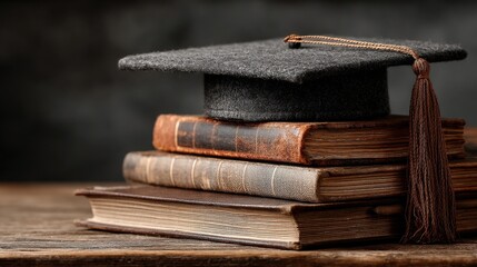 Graduation cap on stack of books, minimal environment 