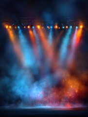 Empty concert stage with drum set and amplifiers bathed in colorful stage lights and smoke for rock show