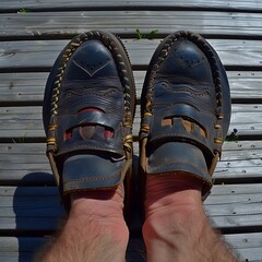 Close-up of well-worn loafers on wooden deck, showcasing comfort and style