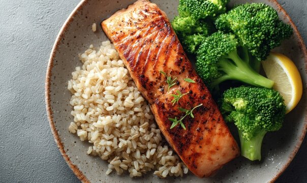 A plate with grilled salmon, broccoli, and brown rice