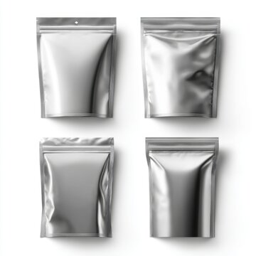 Four silver foil stand up pouches on white background, mockup style, top down angle, product packaging design