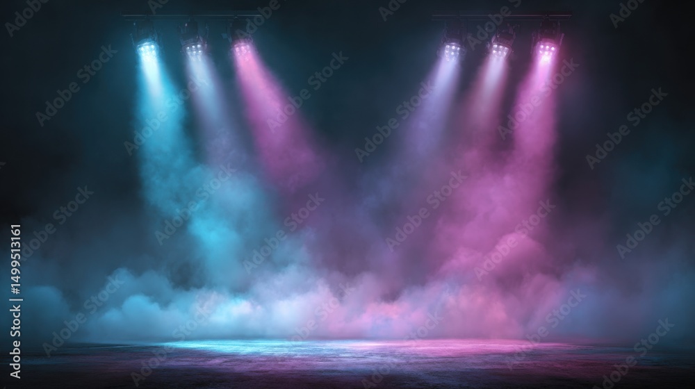 Poster stage spotlight beams illuminating haze and smoke in a dark room with a concrete floor creating a mo
