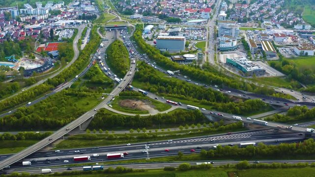 Aerial view of the autobahn triangle Leonberg in Germany on a sunny spring day