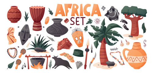Trendy African Culture Vector Set. Traditional Masks, Drums, Baobab Tree, Jewelry, Pottery, Tribal Symbols and More in Hand Drawn Flat Cartoon for Educational, Travel, and Ethnic Projects