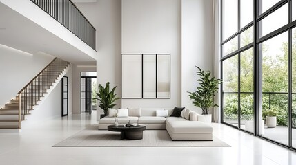 Fototapeta premium Luxury art deco loft with sculptural staircases, polished brass fixtures, and seamless modern finishes