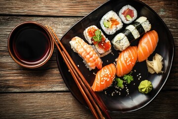 A delicious plate of sushi with chopsticks
