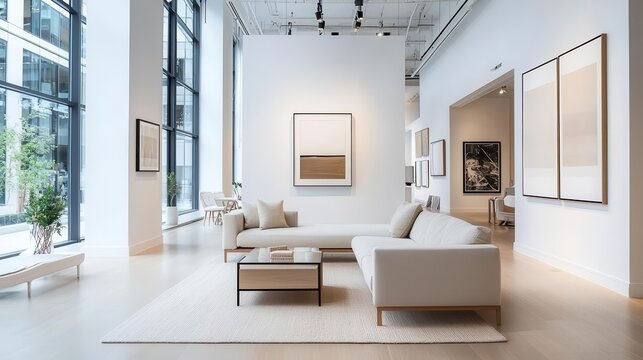 Modern loftstyle gallery home with an integrated art display system, polished surfaces, and a soft neutral palette
