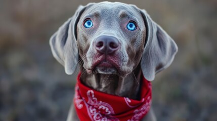 Portrait of a dog with blue eyes and a red bandana outdoors