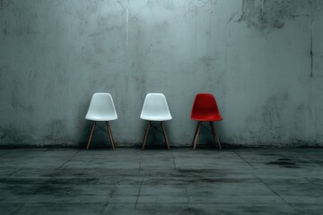Three chairs standing in a row against a textured wall, two white and one red, studio shot, eye level view, concept