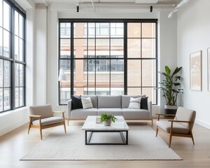 Minimalist highrise loft with an artistic ambiance, sleek metalframed glass walls, and decorative accent lighting