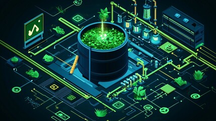 isometric vector illustration of a biodigester system, food scraps entering tank, gas production and electricity output, educational tone, simple arrows and icons