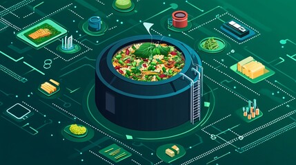 isometric vector illustration of a biodigester system, food scraps entering tank, gas production and electricity output, educational tone, simple arrows and icons
