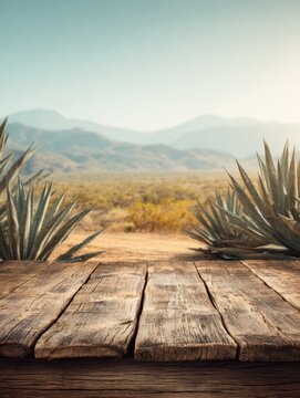 Rustic wooden table surface overlooking desert landscape with agave plants and mountains in the distance scenic view