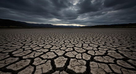 a cracked earth scene under a dramatic sky, depicting aridity and environmental concerns