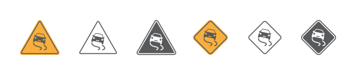 Set of slippery road traffic signs. Skid risk, triangle sign, car driving on ice. Vector. EPS10.