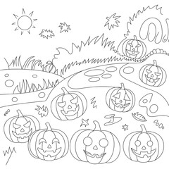 A black and white halloween scene featuring smiling jack o lantern pumpkins decorations in a festive autumn landscape