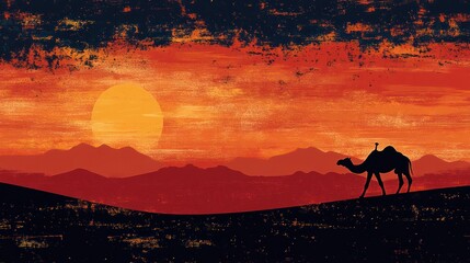 Naklejka premium Desert sunset camel silhouette