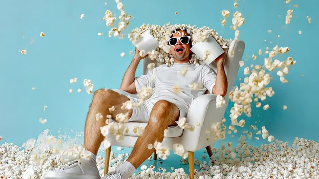 A joyful man in white clothing sits in a chair as popcorn explodes around him in mid-air. The playful scene bursts with motion, humor, and excitement, ideal for fun, snacks, or cinema-related themes
