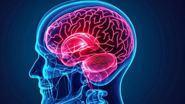 Futuristic digital rendering of a human skull and glowing red brain, showing neural pathways and brain activity. Ideal for content about neuroscience, health, tech or artificial intelligence