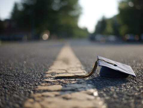 Graduation cap lies on the road in low angle shot symbolizing end of studies and new beginnings in blurred background