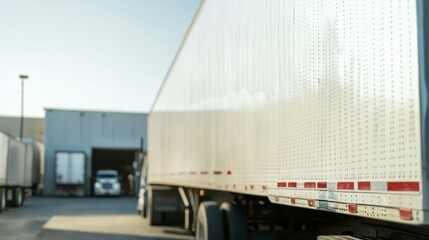 Close up view of a white semi trailer parked at a loading dock, with warehouse in the background, showcasing logistics and transportation industry