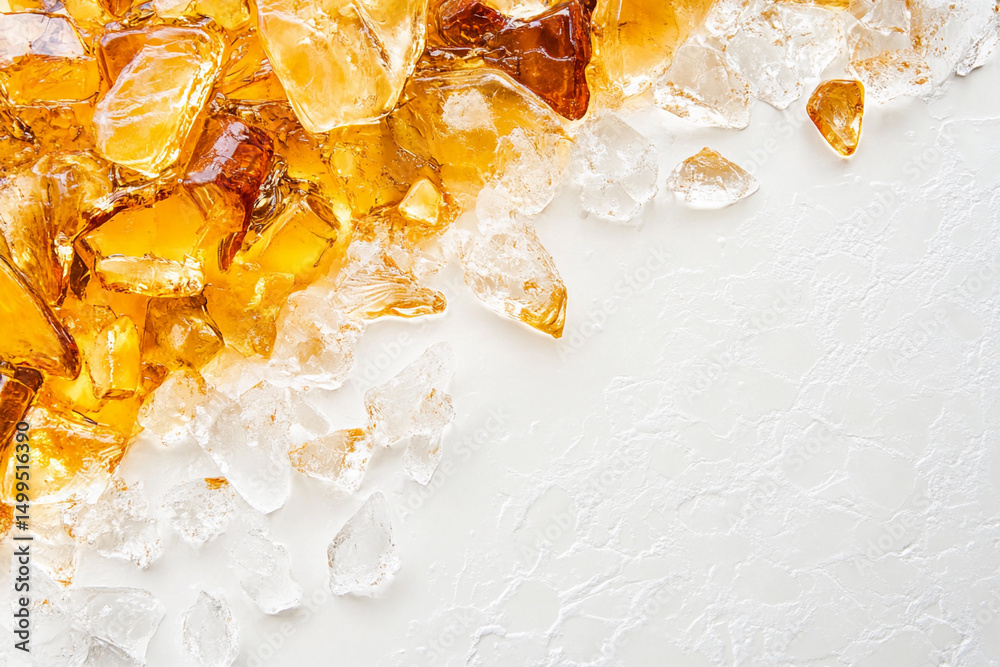Poster Beautiful ice and amber resin table isolated on white background Generative AI